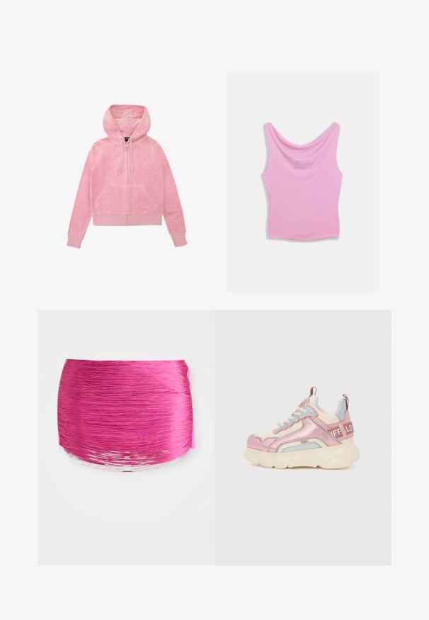 Roze hoodie met een rits aan de voorkant, twee voorzakken, een trekkoord en ribgebreide manchetten. Gemaakt van zachte, gestructureerde stof.; Roze tanktop met een ronde halslijn en een aansluitend silhouet, met "Juicy" geschreven in strass-steentjes over de borst. Zachte stoftextuur.; Roze geplooid stof met horizontale lijnen, afgeronde vorm en contrasterende glanzende rand. Textuur met levendige kleur en gladde afwerking.; Roze en crèmekleurige sneaker met een gevoerde, gestructureerde bovenkant, zilveren accenten, dikke zool en contrasterende veters. Voorzien van een logo aan de zijkant en hak.