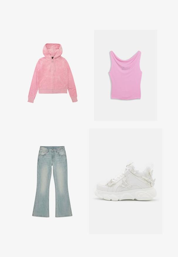 Roze hoodie met een rits aan de voorkant, twee voorzakken, een trekkoord en ribgebreide manchetten. Gemaakt van zachte, gestructureerde stof.; Roze tanktop met een ronde halslijn en een aansluitend silhouet, met "Juicy" geschreven in strass-steentjes over de borst. Zachte stoftextuur.; Lichtblauwe spijkerbroek met lichte wijdte, voorzakken, riemlussen en een knoopsluiting, plat gelegd op een witte achtergrond.; Witte chunky sneaker met dikke zool en decoratieve 3D vlinderaccenten aan de zijkant, veters en hiel.