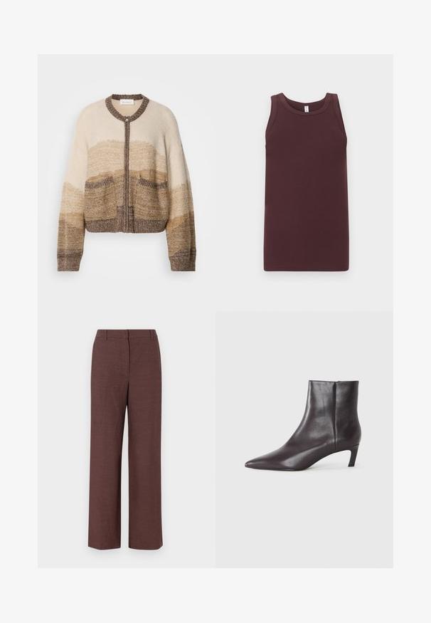 Beige og brun strikket cardigan med rund krave, lynlås lukning og to forreste lommer. Har et gradientmønster og tekstureret stof.; Ærmeløs ribbet tanktop i mørkebrun med rund halsudskæring, lagt fladt mod en lysegrå baggrund.; Brune bredbensbukser lavet af tekstureret stof med en glat finish, med flad front, bæltesløjfer og sidelommer.; Sort læder ankelstøvle med spids tå og lav kittenhæl, glat finish, lynlås i siden, vist på en neutral baggrund.