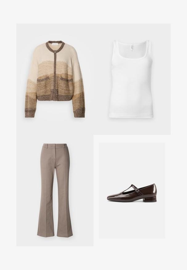 Beige og brun strikket cardigan med rund krave, lynlås lukning og to forreste lommer. Har et gradientmønster og tekstureret stof.; Hvid bomuldstanktop med rund halsudskæring, smalle skulderstropper og tætsiddende design. Glat tekstur og minimalistisk stil.; Beige højtaljede bukser med vide ben, syninger foran, bæltestropper og skjult lukning foran, vist på en hvid baggrund.; Brune Mary Jane-sko i laklæder med en rundet tå, udskæringsdesign og justerbar rem. Lav blokhæl.