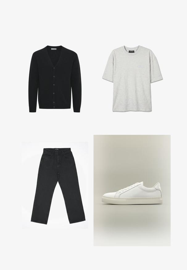 Cardigan noir en tissu tricoté doux, avec un col en V, des manches longues et six boutons à l'avant. Poignets et ourlet côtelés.; T-shirt gris clair à manches courtes col rond avec un logo discret « PEGADOR » sur la poitrine gauche et une étiquette noire à l'intérieur du col.; Jean noir à coupe droite avec cinq poches et une fermeture éclair, posé à plat sur un fond blanc, étiqueté "2Y STUDIOS" à la taille.; Baskets blanches basses à lacets sur l’avant et semelle épaisse, vues de côté sur un fond neutre.
