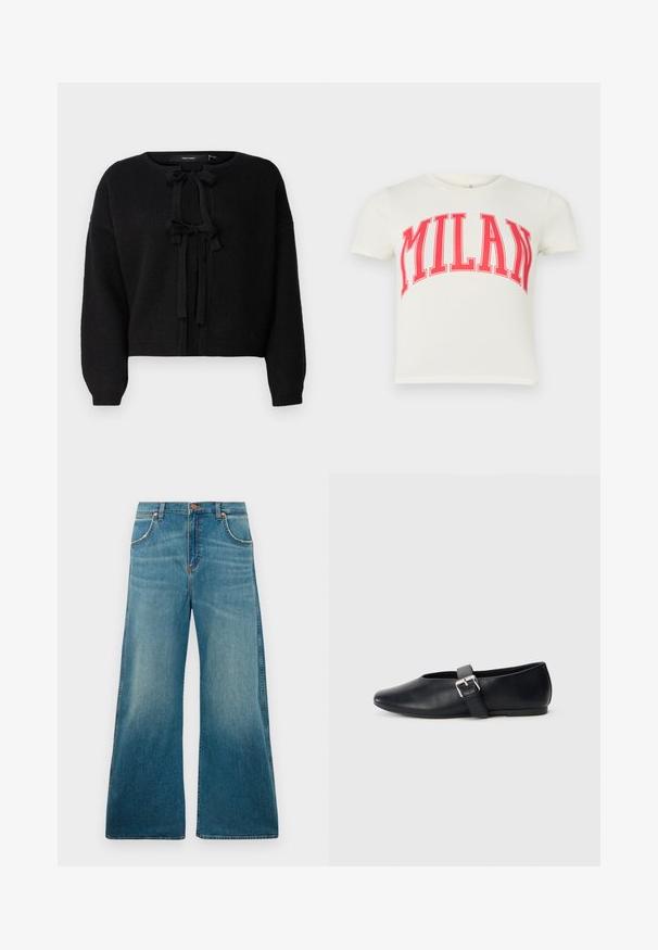 Vero Moda VMBOW Knit - Strickjacke - black; Weißes T-Shirt mit kurzen Ärmeln, das „MILAN“ in fettem roten Text über die Brust zeigt. Hergestellt aus Baumwolle mit Rundhalsausschnitt.; Hochtaillierte blaue Jeans aus Denim mit weitem Bein, frontalen Taschen, Knopfverschluss und einem verblassten Farbverlauf von der Taille bis zum Saum.; Schwarze Lederflachschuhe mit einem runden Zehendesign, ausgestattet mit einem seitlichen Schnallenriemen und einer glatten Textur. Niedrigprofilsohle für einen bequemen Tragekomfort.