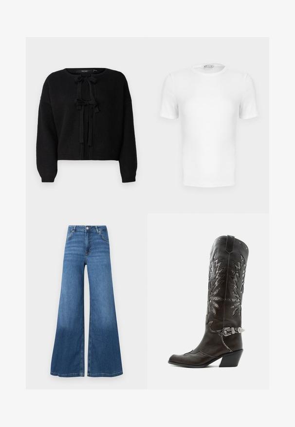 Vero Moda VMBOW Knit - Cardigan - black; Hvid ribstrikket T-shirt med korte ærmer, rund hals og tætsiddende pasform samt en lille mærkeetiket inde i kraven.; Bredde bukser i blå denim med høj talje, forlommer og en ren søm. Ingen synlige mønstre eller pyntegeler.; Sort læder cowboystøvle med dekorative udskæringer, sølvspænde og skrå hæl, vist på hvid baggrund.
