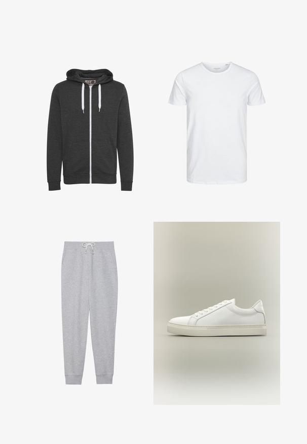 Hoodie zippé gris charbon en tissu doux, avec une poche avant, des cordons blancs et des poignets et un ourlet côtelés.; T-shirt à col rond à manches courtes de couleur blanche unie, fabriqué en coton doux, avec un design simple sans motifs ni accents visibles.; Un pantalon de survêtement gris en tissu doux, avec une taille élastique dotée d'un cordon de serrage, des poches latérales et des poignets côtelés aux chevilles.; Baskets blanches basses à lacets sur l’avant et semelle épaisse, vues de côté sur un fond neutre.
