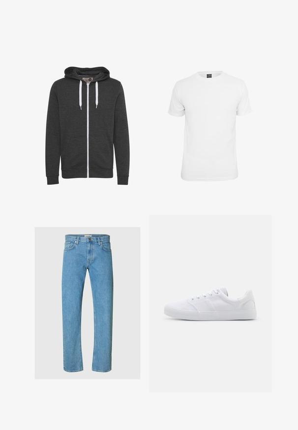 Hoodie zippé gris charbon en tissu doux, avec une poche avant, des cordons blancs et des poignets et un ourlet côtelés.; T-shirt blanche à manches courtes, en coton, avec un col rond et une texture lisse, conçue pour un usage décontracté.; Un jean en denim bleu clair présente un design à jambes droites, un style à cinq poches et une fermeture éclair avec un bouton en métal.; Baskets en toile blanches avec une semelle en caoutchouc, dotées de six œillets, d'un embout texturé et d'un design minimaliste.