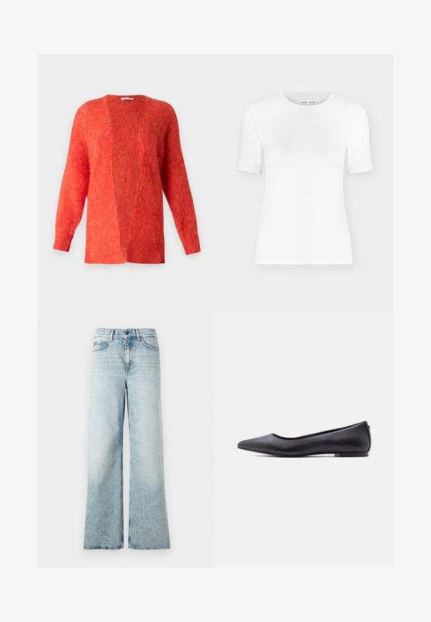 Cardigan rojo abierto por delante, hecho de un material de punto suave y texturizado. Presenta mangas largas y un corte relajado. Sin cierres, diseño minimalista.; Camiseta blanca de manga corta con cuello redondo, ajuste slim y textura de tejido acanalado, mostrada sobre un fondo liso gris claro.; Jeans de mezclilla anchos de color azul claro, con cintura alta, dobladillo recortado y una textura suave con detalles desgastados.; Zapato plano de cuero negro con punta puntiaguda y tacón bajo, mostrado de perfil contra un fondo blanco.