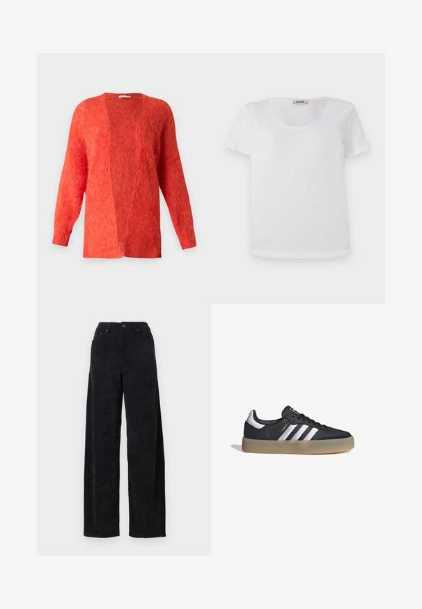 Cardigan rojo abierto por delante, hecho de un material de punto suave y texturizado. Presenta mangas largas y un corte relajado. Sin cierres, diseño minimalista.; Camiseta blanca de manga corta, hecha de una tela suave, con cuello redondo y dobladillo recto, sin patrones visibles ni acentos.; Pantalones de sarga ancha negros con una cintura alta, que cuentan con dos bolsillos frontales y una sutil textura de canalé vertical.; Zapatilla deportiva de cuero negro con tres rayas plateadas, punta texturizada y suela de goma. Cuenta con un collar acolchado y un diseño con cordones.