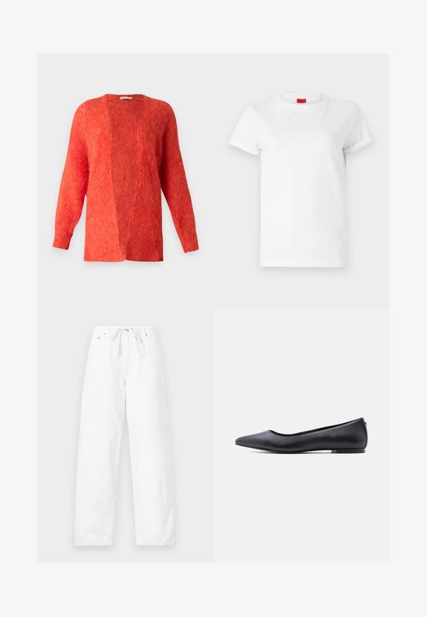 Rote, offen gestaltete Strickjacke aus weichem, strukturiertem Material. Hat lange Ärmel und einen lockeren Schnitt. Keine Verschlüsse, minimalistisches Design.; Weißes Kurzarm-T-Shirt aus leichtem Baumwollstoff. Hat einen runden Halsausschnitt und umgeschlagene Ärmel. Rotes Logo-Tag am Kragen.; Weiße, weit geschnittene Jeanshose aus Denim mit einem Kordelzugbund und zwei frontalen Taschen, die eine glatte Textur und ein sauberes Design aufweist.; Schwarzer flacher Lederschuh mit spitzer Kappe und niedrigem Absatz, seitlich vor weißem Hintergrund gezeigt.