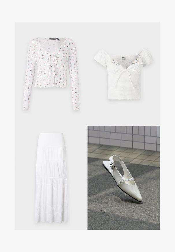 Camiseta blanca de manga larga con escote en V, detalle de lazo en el frente y un patrón de pequeñas cerezas rojas con hojas verdes. Dobladillo con forma de pico.; Top blanco sin mangas con tela fruncida, mangas cortas abullonadas, bordado floral en el escote y detalle de lazo en la parte delantera.; Falda larga blanca de volantes hecha de tela ligera. Cuenta con una cinturilla elástica y una textura sutil con costuras horizontales.; Zapato plano blanco con punta puntiaguda y diseño slingback con dos hebillas plateadas, mostrado al aire libre sobre un suelo texturizado y fondo de pared con azulejos.