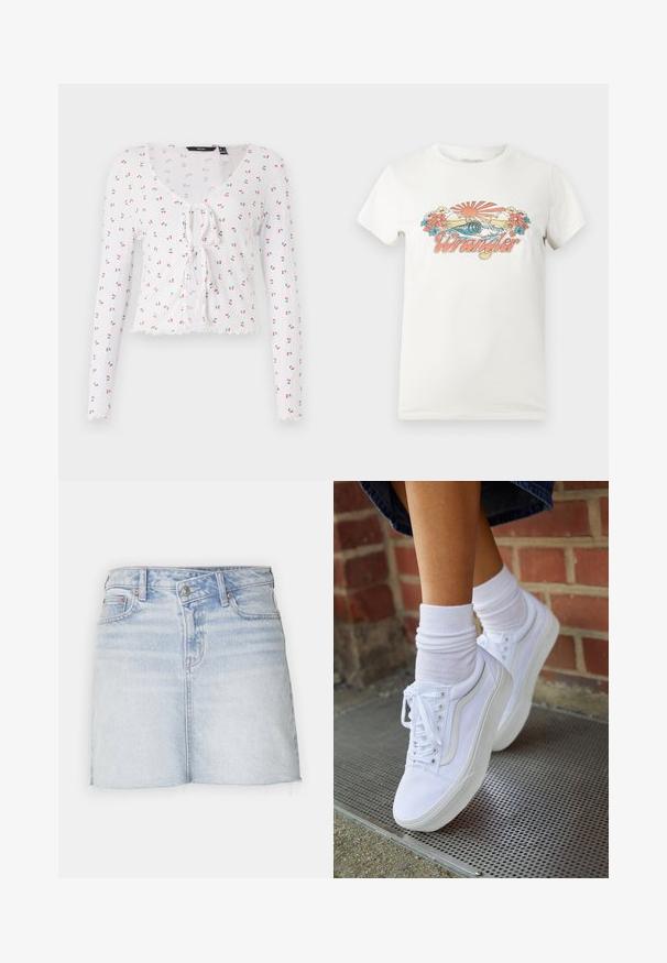 Camiseta blanca de manga larga con escote en V, detalle de lazo en el frente y un patrón de pequeñas cerezas rojas con hojas verdes. Dobladillo con forma de pico.; Camiseta blanca de algodón con un gráfico colorido que presenta un sol naciente, olas y flores, mostrando de manera destacada el logo "Wrangler" en rosa.; Minifalda de denim azul claro con un dobladillo desflecado, diseño de cinco bolsillos y cierre frontal con botones. Presenta un sutil desvanecimiento y una textura suave.; Zapatillas de lona blancas con suelas de goma, que presentan seis ojales, puntera redonda y detalles de costura ligera, combinadas con calcetines blancos hasta el tobillo.