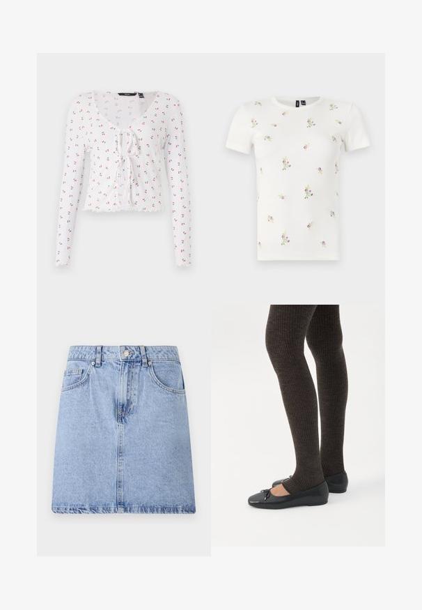 Camiseta blanca de manga larga con escote en V, detalle de lazo en el frente y un patrón de pequeñas cerezas rojas con hojas verdes. Dobladillo con forma de pico.; Camiseta blanca de algodón con mangas cortas, que presenta una textura acanalada y bordados florales dispersos en tonos rosas y verdes por toda la prenda.; Falda de mezclilla azul claro con diseño de cinco bolsillos, cierre delantero de botón y cremallera, y dobladillo sin rematar. Textura suave con un leve desgaste.; Piernas con leggings oscuros acanalados combinados con bailarinas negras que presentan pequeños detalles de lazo sobre un fondo blanco.