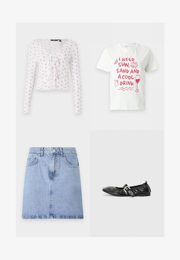 Camiseta blanca de manga larga con escote en V, detalle de lazo en el frente y un patrón de pequeñas cerezas rojas con hojas verdes. Dobladillo con forma de pico.; Camiseta blanca de manga corta con texto rojo "Necesito sol, arena y una bebida fresca" e ilustraciones de sol, limón, olas y una copa de vino con un corazón.; Falda de mezclilla azul claro con diseño de cinco bolsillos, cierre delantero de botón y cremallera, y dobladillo sin rematar. Textura suave con un leve desgaste.; Zapato plano de piel negra con puntera afilada, detalle fruncido alrededor de la abertura y un acento de hebilla plateada en la correa ajustable.