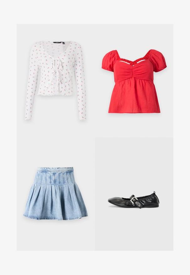 Camiseta blanca de manga larga con escote en V, detalle de lazo en el frente y un patrón de pequeñas cerezas rojas con hojas verdes. Dobladillo con forma de pico.; Blusa corta de manga corta roja con mangas abullonadas, busto fruncido, cintura imperio fruncida y detalle de corte en forma de V debajo del escote.; Falda de mezclilla en azul claro, con un diseño completamente plisado y una cinturilla. La tela tiene una textura sutil con detalles de costura visibles.; Zapato plano de piel negra con puntera afilada, detalle fruncido alrededor de la abertura y un acento de hebilla plateada en la correa ajustable.