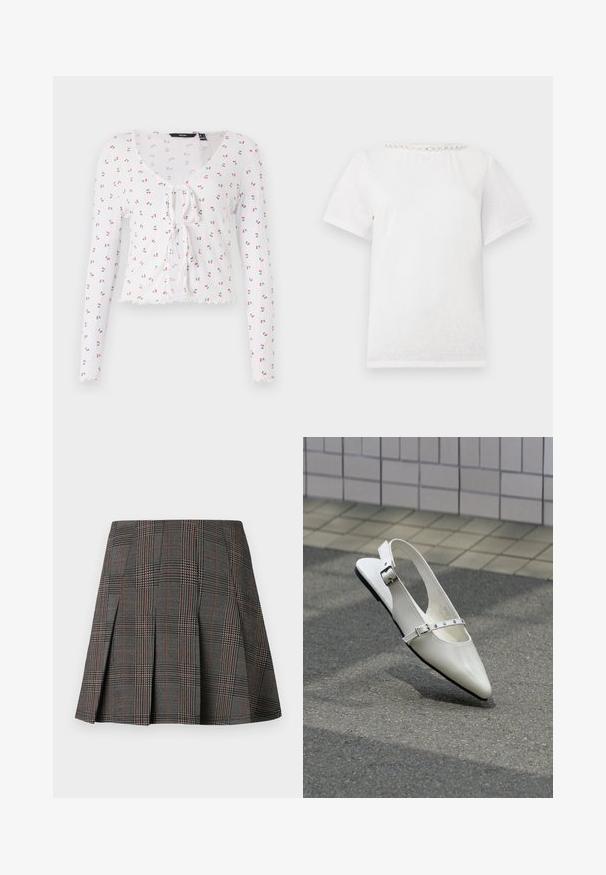 Camiseta blanca de manga larga con escote en V, detalle de lazo en el frente y un patrón de pequeñas cerezas rojas con hojas verdes. Dobladillo con forma de pico.; Camiseta blanca de manga corta con cuello redondo que presenta una fila de perlas decorativas a lo largo del cuello.; Falda de cuadros gris con pliegues, con intrincados patrones en blanco y negro, acentuados por delgadas líneas rojas. Está hecha de una tela estructurada.; Zapato plano blanco con punta puntiaguda y diseño slingback con dos hebillas plateadas, mostrado al aire libre sobre un suelo texturizado y fondo de pared con azulejos.
