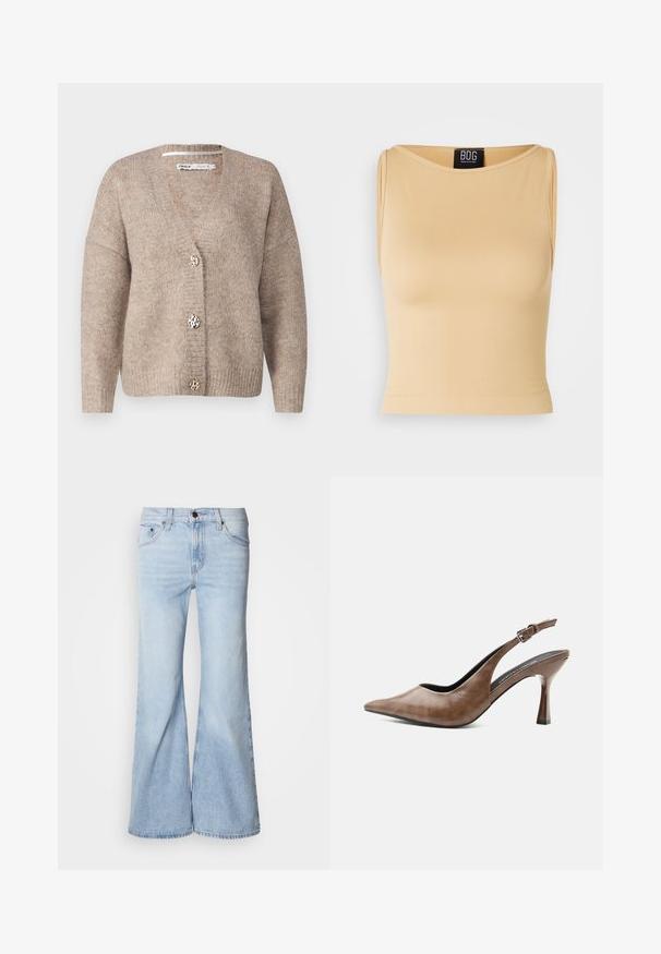 Beiger Cardigan mit V-Ausschnitt, langen Ärmeln und drei dekorativen Knöpfen mit Leopardenmuster. Weiche Strickstruktur in der gesamten Ausführung.; Beiger, gerippter ärmelloser Crop-Top mit rundem Ausschnitt und taillierter Silhouette. Das Material wirkt glatt und dehnbar. Etikett am Ausschnitt sichtbar.; Hellblaue Jeans mit ausgestelltem Bein, hoher Taille, Denim-Stoff, fünf Taschen und Knopfverschluss. Die Beine sind weit geschnitten und haben ein leicht ausgewaschenes Finish.; Brauner Lederslingpumps mit spitzer Kappe, verstellbarem Schnallenriemen und schlankem, zugespitztem Absatz.