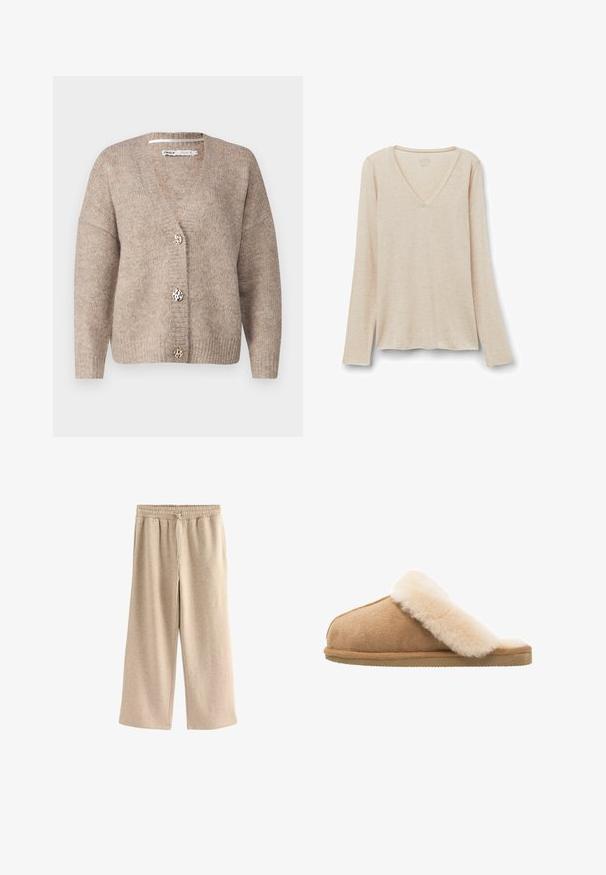 Beiger Cardigan mit V-Ausschnitt, langen Ärmeln und drei dekorativen Knöpfen mit Leopardenmuster. Weiche Strickstruktur in der gesamten Ausführung.; Langärmliges V-Ausschnitt-Oberteil aus leicht beigem Stoff mit weicher Textur. Entspannte Passform mit geradem Saum und minimalistischem Design.; Cremefarbene Schlaghosen aus einem weichen Baumwollmix. Sie verfügen über einen elastischen Bund mit Kordelzug und einer dezenten gesprenkelten Textur.; Beige Wildlederschlappen mit einem weichen, flauschigen Innenfutter aus cremefarbener Schafsleder. Verfügt über eine flache, strukturierte Gummisohle für einen sicheren Halt.