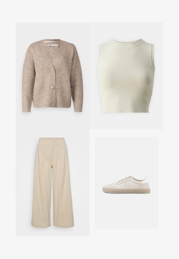 Beiger Cardigan mit V-Ausschnitt, langen Ärmeln und drei dekorativen Knöpfen mit Leopardenmuster. Weiche Strickstruktur in der gesamten Ausführung.; Helles beige, geripptes, ärmelloses Top mit hohem Kragen und taillierter Passform, das eine weiche Textur und ein gleichmäßiges Muster im gesamten Stoff aufweist.; Beige weite Hose aus glattem Stoff, mit hohen Taillenbund, Vorderfalten und einem knöchellangen Saum. Einfaches und ungeschmücktes Design.; Beige Wildleder-Sneaker mit niedrigem Profil, ausgestattet mit einer strukturierten Oberseite, tonalen Nähten und einer hellen Gummisohle. Schnürsenkel runden das Design ab.