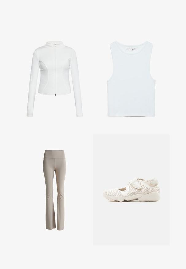 Witte zip-up jas met lange mouwen, een gladde textuur, een aansluitend design en gebogen naaddetails langs de zijkanten.; Witte mouwloze crop top met ronde hals, gemaakt van gladde stof, met Pull&Bear-label, geschikt voor casual wear.; Beige flare leggings gemaakt van rekbaar materiaal. Voorzien van een brede tailleband en een gladde textuur, ontworpen voor comfort en flexibiliteit.; Lichtbeige Nike-sneaker met mesh bovenwerk, klittenbandsluitingen, gevoerde zool en uitgesneden zijkanten, ontworpen voor comfort en ademend vermogen.