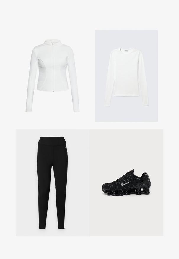 Witte zip-up jas met lange mouwen, een gladde textuur, een aansluitend design en gebogen naaddetails langs de zijkanten.; Effen wit shirt met lange mouwen en ronde hals, slim fit, afgebeeld tegen een lichtgrijze achtergrond.; Zwarte high-waisted, volle lengte leggings met een gladde afwerking en een klein wit logo nabij de tailleband aan de rechterkant.; Zwarte Nike sportschoen met zilveren Swoosh-logo, mesh en synthetische bovenkant en een kenmerkende gesegmenteerde dempende zool.