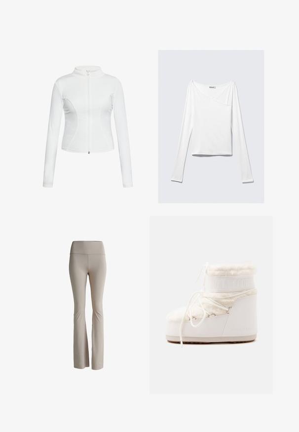 Witte zip-up jas met lange mouwen, een gladde textuur, een aansluitend design en gebogen naaddetails langs de zijkanten.; Witte long-sleeve top met een crossover ontwerp en een zak. Gemaakt van een gladde, rekbare stof. Geknipt in een casual, relaxte pasvorm.; Beige flare leggings gemaakt van rekbaar materiaal. Voorzien van een brede tailleband en een gladde textuur, ontworpen voor comfort en flexibiliteit.; Witte geïsoleerde winterlaars met bontafwerking, dikke zool, zijveters en geperst "Moon Boot" logo aan de zijkant en bovenste manchet.