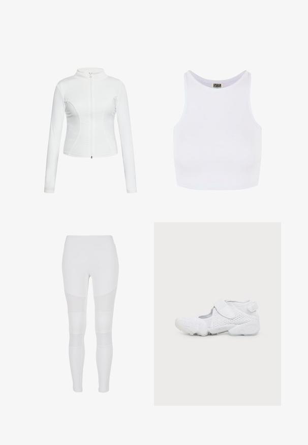 Witte zip-up jas met lange mouwen, een gladde textuur, een aansluitend design en gebogen naaddetails langs de zijkanten.; Witte geribbelde crop tanktop met brede schouderbanden en een ronde halslijn. Beschikt over een zachte textuur en een minimalistisch ontwerp zonder patronen.; Witte leggings met een mix van effen en meshpanelen, een hoge tailleband en een slanke, aansluitende pasvorm. Glad materiaal over het gehele oppervlak.; Witte sportschoen met mesh bovenwerk, verstelbare klittenbandsluiting over de wreef, flexibele zool en gebrandmerkte hielriem.
