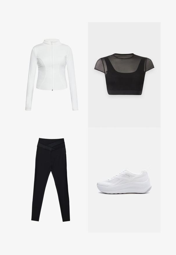 Witte zip-up jas met lange mouwen, een gladde textuur, een aansluitend design en gebogen naaddetails langs de zijkanten.; Zwart cropped topje met doorschijnende korte mouwen en bovenkant van de borst, met een ronde halslijn en een aangesloten, effen zwart lijfje.; Zwarte legging met hoge taille, brede, gekruiste tailleband en een slanke pasvorm door de benen, op een witte achtergrond.; Witte lage sportieve sneaker met dikke zool en bovenwerk van mesh, voorzien van Calvin Klein-logo aan de zijkant.