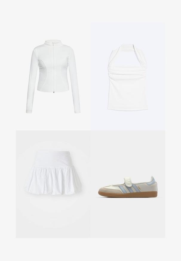 Veste zippée blanche avec des manches longues, texture lisse, design ajusté et détails de couture incurvés sur les côtés.; Haut blanc à col licou avec encolure droite et détails froncés sur la poitrine, présenté sur un fond uni clair.; Jupe évasée blanche fabriquée en tissu léger, avec un design froncé et une taille élastique pour le confort. Pas de motifs ni d'accents visibles.; adidas Originals SAMBA JANE BALLERINA - Babies - cloud white/halo blue