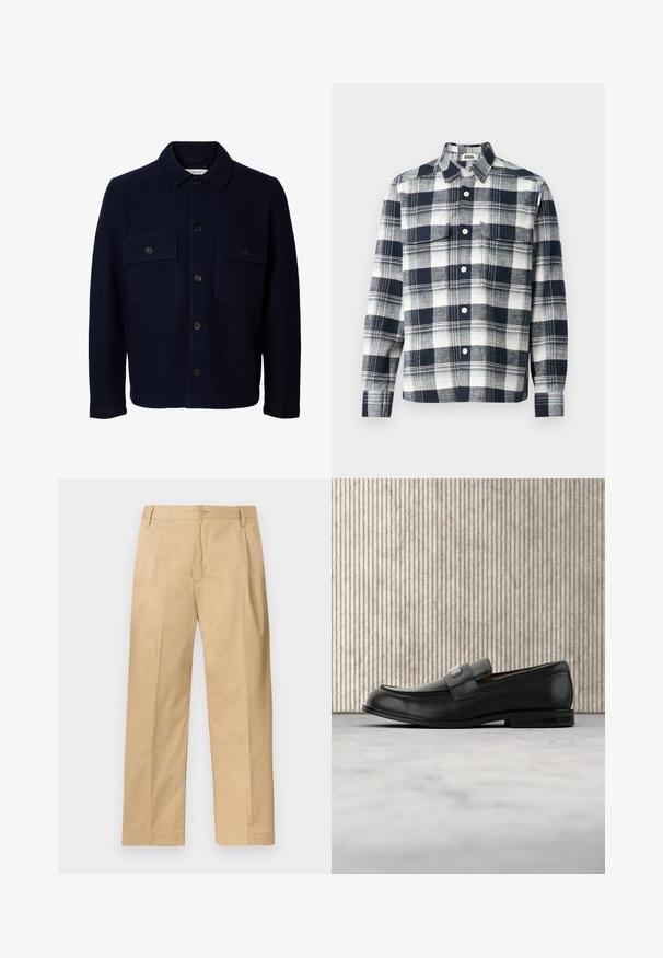 Veste en laine bleu marine à manches longues, fermeture à boutons sur le devant, deux poches poitrine à rabat avec boutons, et un col classique.; Chemise à carreaux en tissu bleu marine et blanc. Elle possède un col boutonné, une poche avant et des manches longuettes.; Pantalon chino beige à jambe droite avec fermeture par boutons et zip, passants pour ceinture et poches latérales, étalé à plat sur un fond blanc.; Mocassin en cuir noir avec une plaque de marque en métal reposant près d'une table ronde marron sur un sol recouvert de moquette beige.