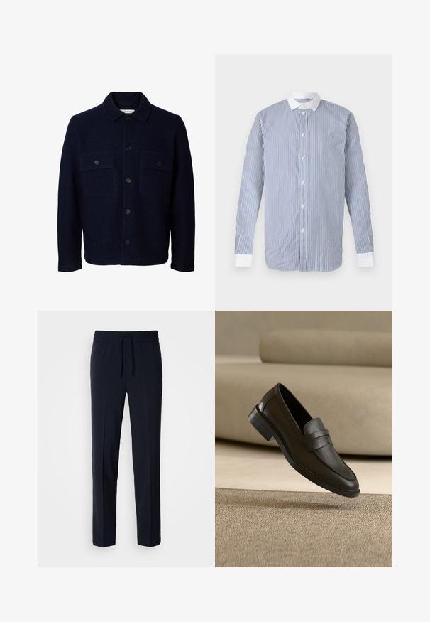 Chaqueta azul marino de lana con mangas largas, cierre frontal con botones, dos bolsillos en el pecho con solapas y botones, y cuello clásico.; Camisa de manga larga con botones, con rayas verticales azules y blancas, cuello blanco y puños blancos sobre un fondo liso.; Pantalones ligeros azul marino con cintura elástica y cordón ajustable, que presentan un diseño de corte recto y una textura suave.; Zapato mocasín de cuero negro descansando sobre una alfombra beige con un sofá beige curvado en el fondo.