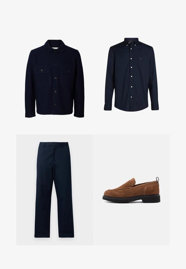 Marineblaue Wolljacke mit langen Ärmeln, vorderer Knopfleiste, zwei Brusttaschen mit Klappen und Knöpfen sowie einem klassischen Kragen.; Dunkelblaues Button-Down-Hemd aus Baumwolle mit klassischem Kragen, langen Ärmeln und weißen Knöpfen. Besitzt ein kleines Logo auf der Brust.; Marineblaue, gerade geschnittene Hose aus Baumwollmischgewebe. Mit einem Reißverschluss vorne, Knopfverschluss und Gürtelschlaufen. Glatte Textur.; Braune Wildleder-Slipper mit runder Zehenpartie, schwarzer Gummisohle und einem kleinen Absatz. Verfügt über eine dekorative Naht auf dem Obermaterial.