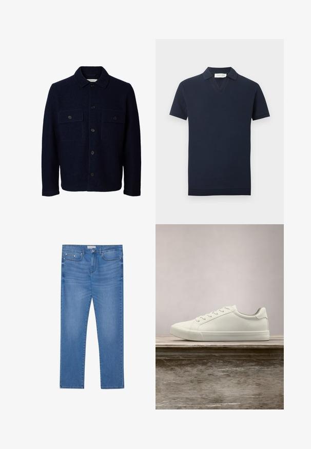 Marineblauw wollen jasje met lange mouwen, knoopsluiting aan de voorkant, twee borstzakken met kleppen en knopen, en een klassieke kraag.; Marineblauw poloshirt met korte mouwen, gebreid met een wafelstructuur, V-hals en geribbelde boorden bij de mouwen en zoom.; Lichtblauwe spijkerbroek met een rechte pijp, vijf zakken, subtiele vervaging en metalen accenten op de taille en zakken.; Witte vetersneaker die boven een houten bank zweeft met groene bladeren op de achtergrond, waarbij het ontwerp en de textuur van de schoen worden getoond.
