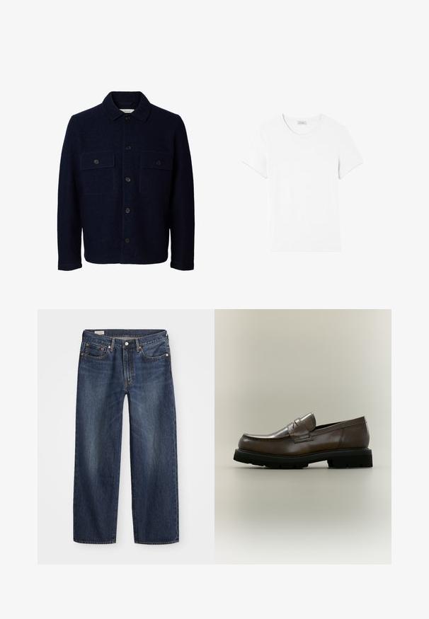 Chaqueta azul marino de lana con mangas largas, cierre frontal con botones, dos bolsillos en el pecho con solapas y botones, y cuello clásico.; American Vintage GAMIPY - Camiseta básica - blanc; Jeans de mezclilla azul oscuro con corte recto, diseño de cinco bolsillos, cierre de botón metálico y cremallera, y patrones sutiles de desgaste.; Mocasín de cuero marrón con suela gruesa de goma negra, tacón bajo y una correa en la parte superior, mostrado de lado sobre un fondo neutro.