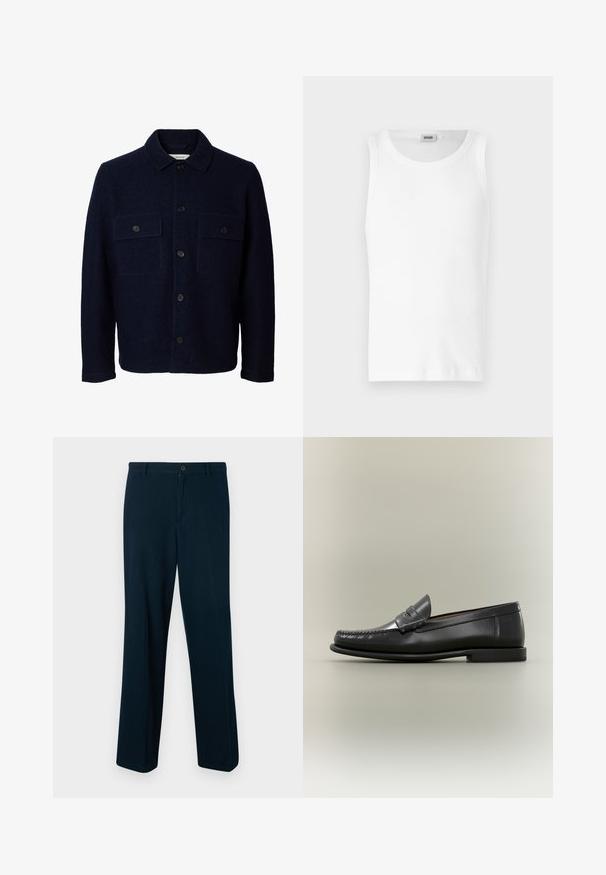 Chaqueta azul marino de lana con mangas largas, cierre frontal con botones, dos bolsillos en el pecho con solapas y botones, y cuello clásico.; Camiseta sin mangas de algodón blanco con cuello redondo y una textura suave. Diseño sencillo, sin patrones ni acentos.; Pantalones azul marino confeccionados en tela suave, con cierre de botón, diseño de pierna recta y detalles mínimos.; Mocasín de hombre de cuero negro con diseño moc-toe, tira de tipo penny y tacón bajo sobre fondo neutro.