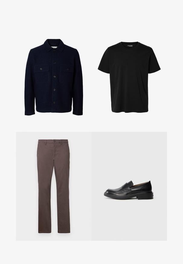 Marineblå uldjakke med lange ærmer, knaplukning foran, to brystlommer med klapper og knapper samt en klassisk krave.; Ensfarvet sort t-shirt med korte ærmer og rund hals, herrepasform, uden synlige mønstre eller logoer foran.; Brune bomuldsbukser med lige ben-design, knaplukning og frontlommer. Glat tekstur og rene linjer.; Sorte læder slip-on dress sko med lav hæl og subtil Calvin Klein logo på siden, vist i profil på en hvid baggrund.