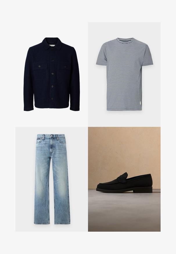 Marineblauw wollen jasje met lange mouwen, knoopsluiting aan de voorkant, twee borstzakken met kleppen en knopen, en een klassieke kraag.; Navyblauw-wit gestreept T-shirt met een ronde hals. Korte mouwen en een normale pasvorm. Gemaakt van zachte katoenen stof.; Lichtblauwe denim jeans met rechte pijpen, een hoge taille, vijf zakken, knoopsluiting en subtiele vervaging op de dijen en knieën.; Zwarte leren loaferschoen zweeft boven een beige tapijt met een beige gestoffeerde bank op de achtergrond.