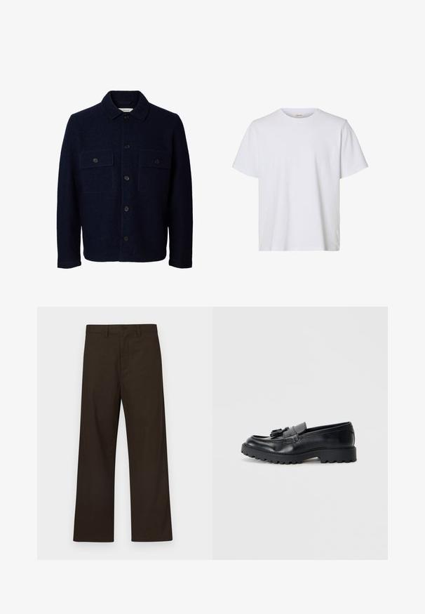 Marineblauw wollen jasje met lange mouwen, knoopsluiting aan de voorkant, twee borstzakken met kleppen en knopen, en een klassieke kraag.; Effen wit T-shirt met korte mouwen en ronde hals, met een regular fit en een gladde stoftextuur, weergegeven op een witte achtergrond.; Bruine broek met brede pijpen, gemaakt van een katoenmix, voorzien van een knoopsluiting aan de voorkant en minimale details voor een eenvoudig ontwerp.; Zwarte leren loafers met een glanzende afwerking, een dikke rubberen zool en een decoratieve kwastdetail aan de voorkant.