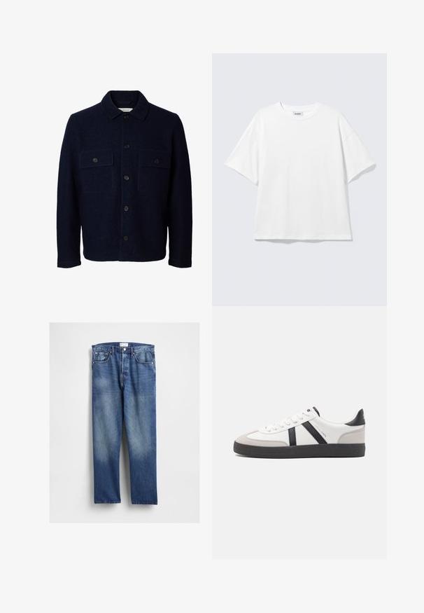 Marineblauw wollen jasje met lange mouwen, knoopsluiting aan de voorkant, twee borstzakken met kleppen en knopen, en een klassieke kraag.; Witte oversized T-shirt met korte mouwen, ronde hals en verlaagde schouders, plat op een lichtgrijze achtergrond.; Blauwe denim jeans met een rechte pijp, voorzien van vervaging aan de voorkant, klassiek vijfzakkenontwerp en metalen klinknagels bij de zakken.; Witte sneaker met zwarte en grijze accenten, voorzien van een grijze neus met textuur, zwarte rubberen zool en platte witte veters. Schoon ontwerp, minimalistische stijl.