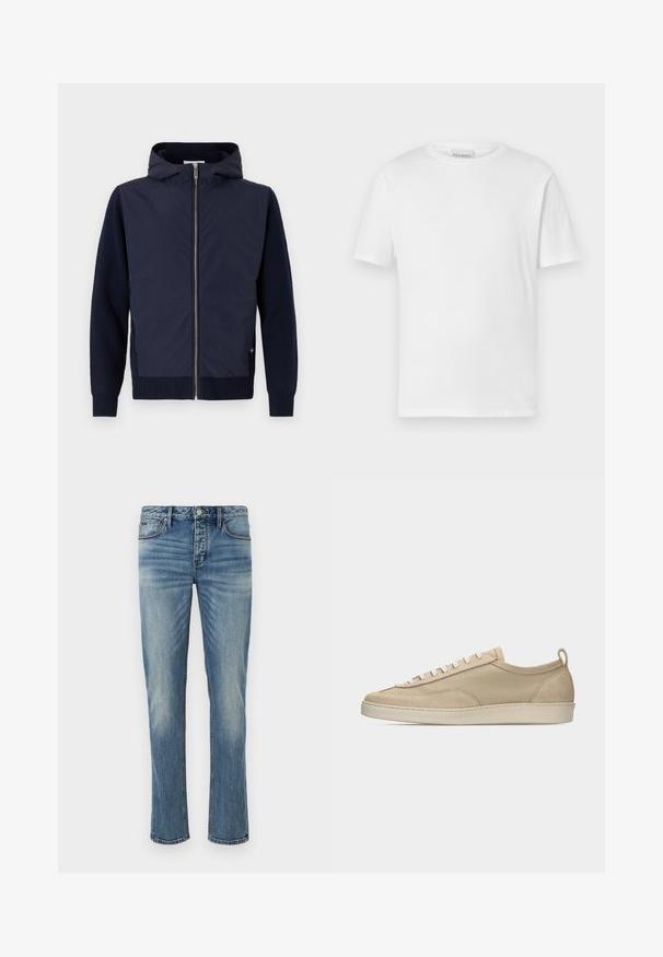 Navy hættejakke kombinerer en glat, let skal med rib-strikkede ærmer og kant. Midterste lynlås lukning med en diskret logodetalje.; Hvid kortærmet t-shirt lavet af bomuld. Har en rund halsudskæring og lige kant. Ingen mønstre eller udsmykninger. Enkel design.; Lyseblå denim jeans med lige ben, fem lomme-design, sølvknaplukning og let falming over hele stoffet.; Beige lavtop sneakers med overdel i stof og ruskind, hvide snørebånd, gummisål og hælstrækkehank, vist i sideprofil på hvid baggrund.