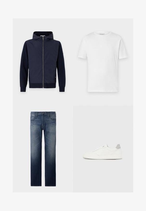 Navy hættejakke kombinerer en glat, let skal med rib-strikkede ærmer og kant. Midterste lynlås lukning med en diskret logodetalje.; Hvid kortærmet t-shirt lavet af bomuld. Har en rund halsudskæring og lige kant. Ingen mønstre eller udsmykninger. Enkel design.; Straight-leg jeans i mørkeblåt vask. Har fem lommer, lynlås og knaplukning. Let slidte tekstur ved låret. Denim stof.; Hvid lavtop-sneaker med gråt hælflig, hvide snørebånd og tekstureret sål, vist på en ensfarvet lys baggrund.