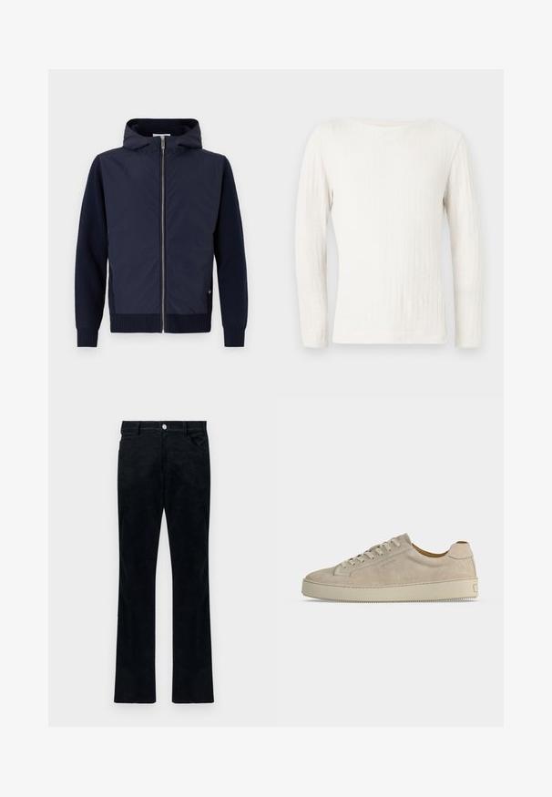 Navy hættejakke kombinerer en glat, let skal med rib-strikkede ærmer og kant. Midterste lynlås lukning med en diskret logodetalje.; Langærmet hvid ribstrikket sweater med rund halsudskæring, vist fladt mod en lys grå baggrund.; Sorte fløjlsbukser med lige ben, der har fem lommer og metalknaplukning. Blød tekstur med lodrette ribber.; Beige ruskind lavtop sneaker med snørelukning og tyk gummisål, vist fra siden på en ensfarvet hvid baggrund.