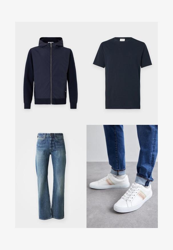 Navy hættejakke kombinerer en glat, let skal med rib-strikkede ærmer og kant. Midterste lynlås lukning med en diskret logodetalje.; Mørkeblå kortærmet T-shirt lavet af blødt bomuld. Har en rund halsudskæring og et simpelt, rent design uden mønstre eller detaljer.; Denim jeans med en lys til mellemblå farve, lige ben skæring, klassisk fem-lommer design og subtil falmning foran.; Hvide lædersneakers med multicolore striber, snørebåndsdesign, gummisål og polstret krave, parret med blå denimjeans.