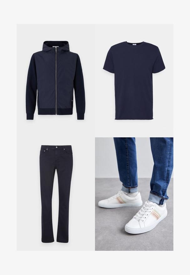 Navy hættejakke kombinerer en glat, let skal med rib-strikkede ærmer og kant. Midterste lynlås lukning med en diskret logodetalje.; Marineblå kortærmet t-shirt lavet af blødt stof. Har rund halsudskæring og en lige pasform uden mønstre eller accenter.; Marineblå bomuldsbukser med lige ben design, der har forlommer, lynlås og metal detaljer.; Hvide lædersneakers med multicolore striber, snørebåndsdesign, gummisål og polstret krave, parret med blå denimjeans.
