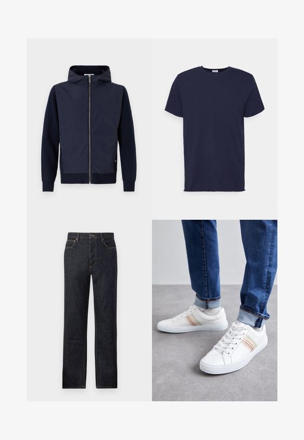 Navy hættejakke kombinerer en glat, let skal med rib-strikkede ærmer og kant. Midterste lynlås lukning med en diskret logodetalje.; Marineblå kortærmet t-shirt lavet af blødt stof. Har rund halsudskæring og en lige pasform uden mønstre eller accenter.; Mørk denimjeans med lige benudskæring, kontrastfarvet gul syning, fem-lommemodel og frontknaplukning.; Hvide lædersneakers med multicolore striber, snørebåndsdesign, gummisål og polstret krave, parret med blå denimjeans.