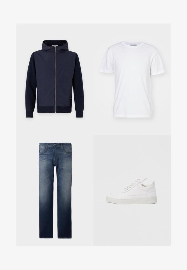 Navy hættejakke kombinerer en glat, let skal med rib-strikkede ærmer og kant. Midterste lynlås lukning med en diskret logodetalje.; Hvid bomulds t-shirt med rund halsudskæring, korte ærmer og lige snit. Ingen mønstre eller udsmykninger, glat tekstur og enkel design.; Straight-leg jeans i mørkeblåt vask. Har fem lommer, lynlås og knaplukning. Let slidte tekstur ved låret. Denim stof.; Hvid lædersneaker med rundet tå, flad sål og snørebånd foran. Har syningsdetaljer og polstret krave for komfort.