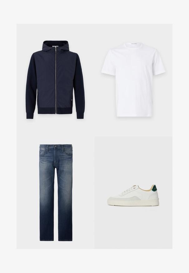 Navy hættejakke kombinerer en glat, let skal med rib-strikkede ærmer og kant. Midterste lynlås lukning med en diskret logodetalje.; Hvid bomulds t-shirt med rund halsudskæring og korte ærmer. Glat tekstur, lige snit og minimalistisk design uden mønstre eller accenter.; Straight-leg jeans i mørkeblåt vask. Har fem lommer, lynlås og knaplukning. Let slidte tekstur ved låret. Denim stof.; Hvide sneakers med ruskindsdetaljer, rund tå, flade snørebånd og en cremet gummisål. Har grøn branding på hælen.