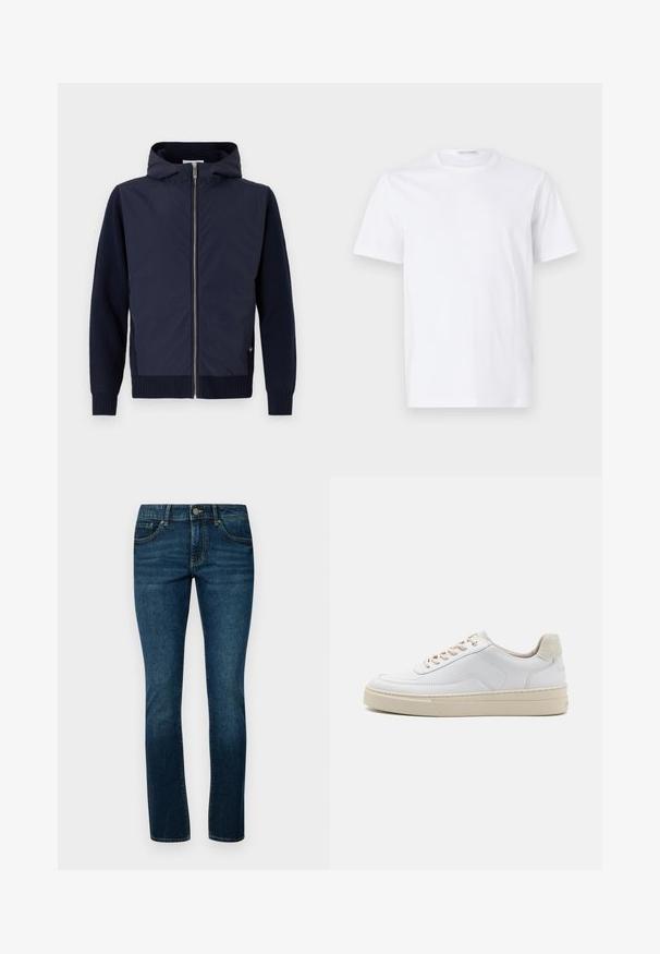 Navy hættejakke kombinerer en glat, let skal med rib-strikkede ærmer og kant. Midterste lynlås lukning med en diskret logodetalje.; Hvid bomulds t-shirt med rund halsudskæring og korte ærmer. Glat tekstur, lige snit og minimalistisk design uden mønstre eller accenter.; Mørkeblå denimjeans med en klassisk lige pasform, fem-lomme-design og en robust metalknaplukning i taljen.; Hvide sneakers med en glat læderoverdel, beige snørebånd og en tekstureret beige ruskindsheel-tab. Hævet sål for ekstra højde.