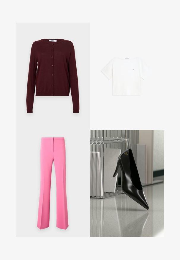 Bordeaux cardigan lavet af let strikket stof, med lange ærmer, en rund halsudskæring og en knaplukning foran med seks knapper.; Hvid kortærmet T-shirt med rund halsudskæring med lille rød, hvid og blå logo på venstre bryst og foldede manchetter på ærmerne.; Højtaljede, lige ben lyserøde bukser med skjult forstykke-lukning, vist på en ensartet lysegrå baggrund.; Sort højhælet sko med spids tå og guldlogo, placeret på en reflekterende overflade nær en krom trådfilholder med dokumenter.