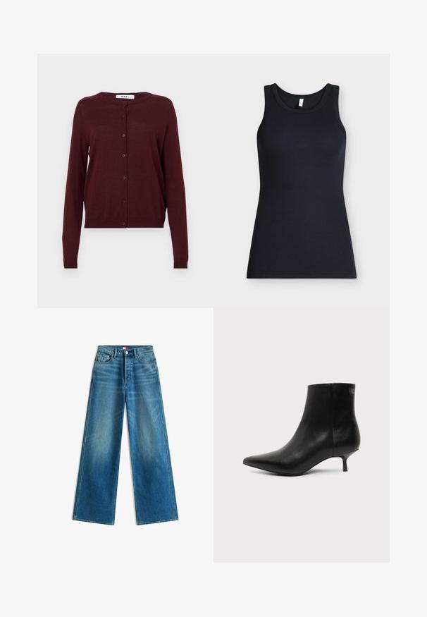 Bordeaux cardigan lavet af let strikket stof, med lange ærmer, en rund halsudskæring og en knaplukning foran med seks knapper.; Sort ærmeløs ribstrikket tanktop med rund halsudskæring, vist fladt mod en lys baggrund.; Blå jeans med vide ben, forlommer, bæltestropper, knaplukning og små detalje med mærkeflag på lommen og i taljen.; Sort læder ankelstøvle med spids tå og lav kitten hæl på lys baggrund, der viser yderside.