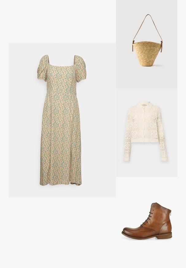 Hvid hæklede cardigan med krave, prydet med et indviklet firkantet mønster, lange ærmer og bølgede kanter. Knaplukning foran.; Even&Odd by Zalando Hverdagskjole - green/pink; Brun læder ankelstøvle med en glat overflade, afrundet tå, snørebånd fortil og en lille lynlåsdetalje bagpå. Sommerfugl-logo på siden.; Flettet stråtaske med bred bund, smal top og justerbar brun læder skulderrem.