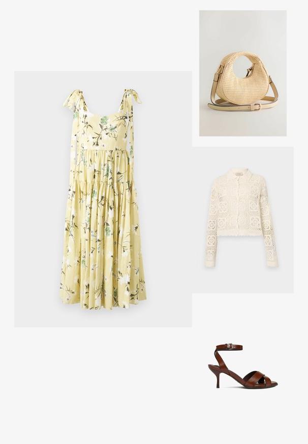 Cardigan en crochet blanc avec un col, présentant un motif carré complexe, des manches longues et des bords festonnés. Fermeture à boutons à l'avant.; Robe midi jaune avec imprimé floral blanc et vert, jupe à volants et bretelles nouées sur fond uni.; Sandale à talons hauts en cuir marron avec des brides croisées à l’avant et une bride à la cheville avec une boucle argentée, vue de côté sur fond blanc.; Sac à main beige tissé en forme de croissant avec poignée circulaire découpée et bandoulière en cuir réglable sur fond blanc.